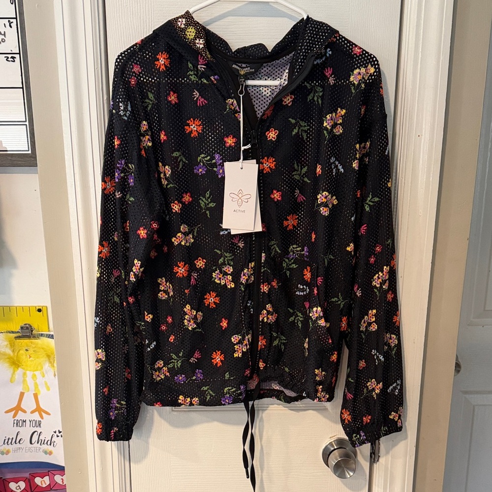 Johnny Was Black Floral Mesh Hooded Zip-Up Nani patch pocket mesh